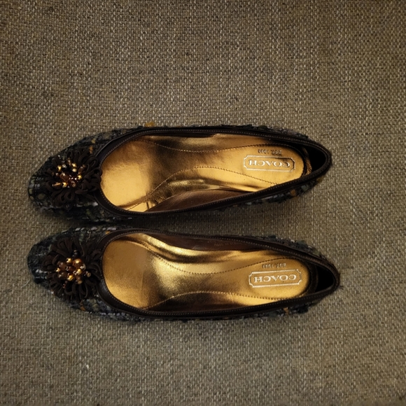 Coach Shoes Tweed Brown Boucle 8 B Kitten Heel Beads
